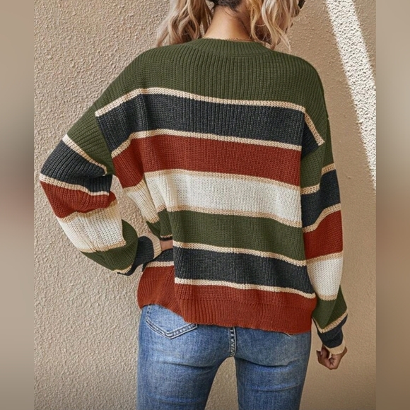 New Oversize Casual Multi Stripe Loose Sweater Top Green Rust Cream - Picture 5 of 8